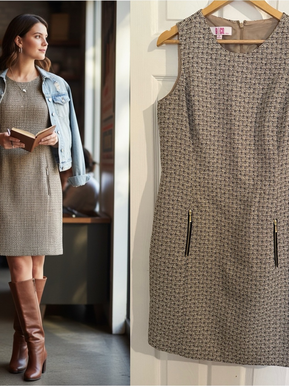 9 & Co Tweed Sheath Dress Gold Zip Pockets Size 14 Career Workwear